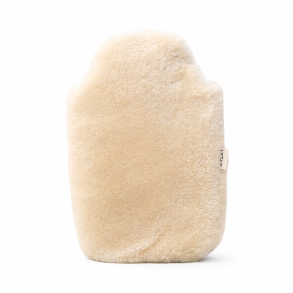 Beige hot water bottle cover on a white background
